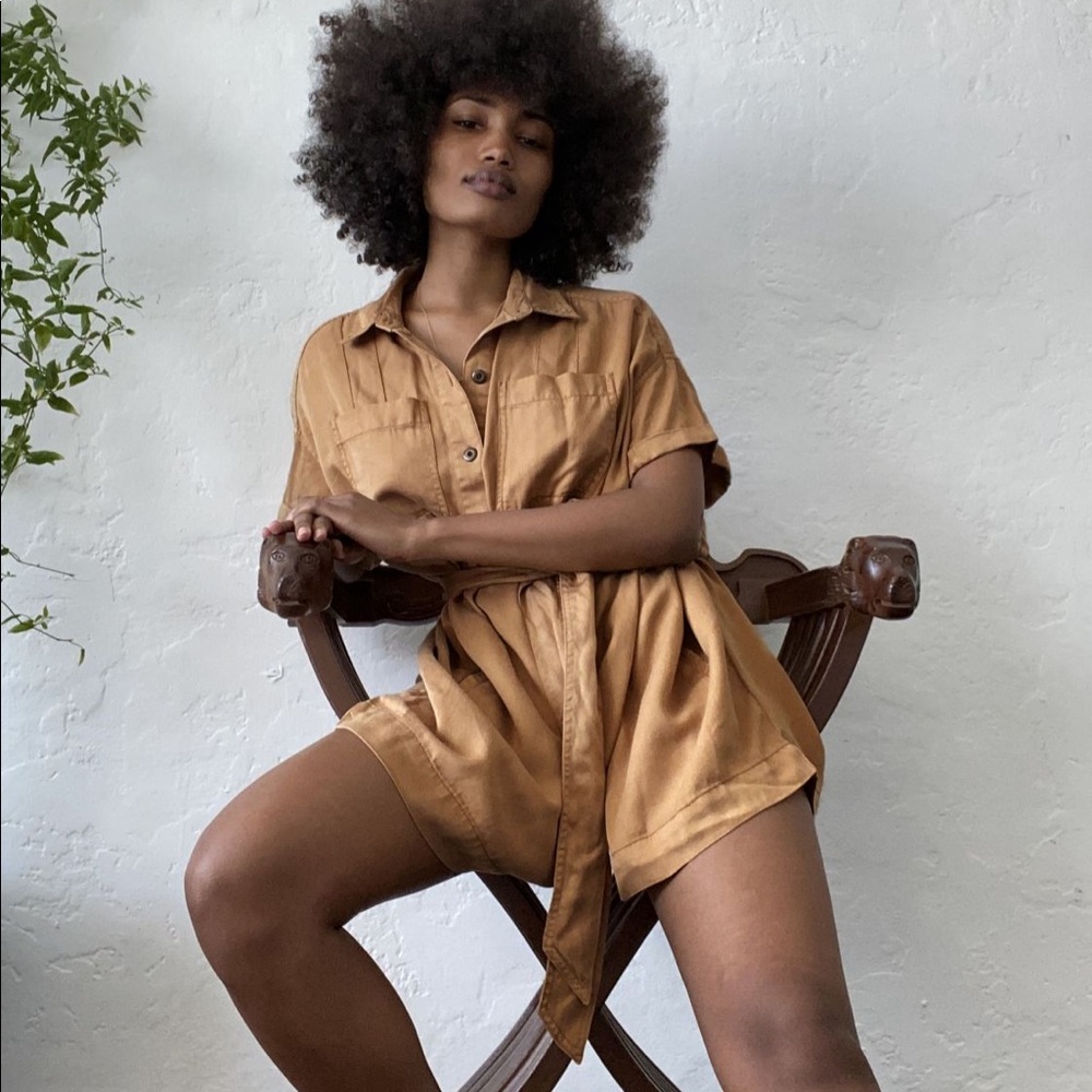 UO Reagan oversized utility romper taupe XS